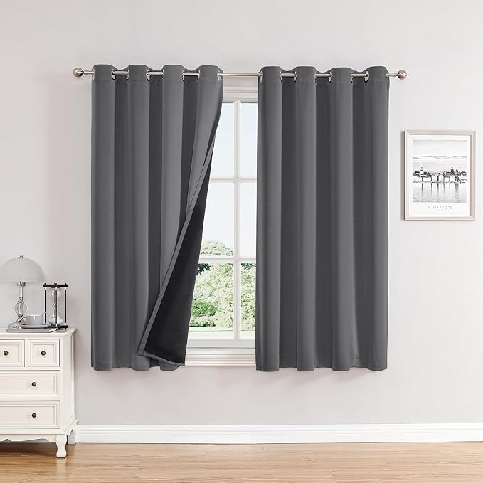 ChrisDowa 100% Blackout Curtains for Bedroom 63 Inches Long 2 Panels Set | 2 Thick Layers, Thermal Insulated, Light Blocking, Grommet, Window Treatment, Living Room Drapes, Grey, 52 x 63 Inch