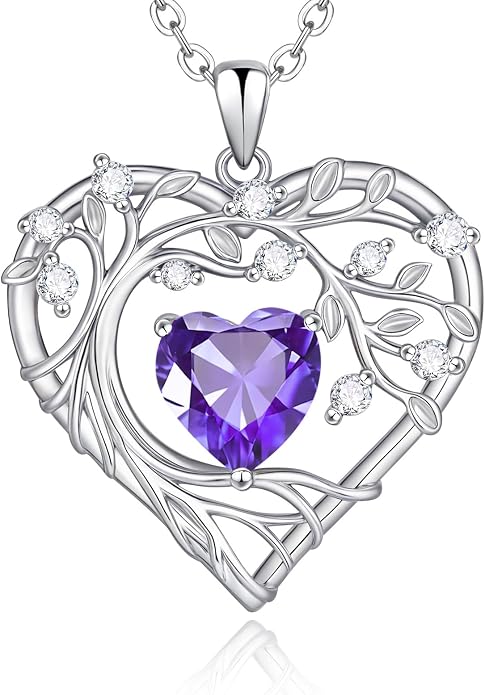 Tree of Life Birthstone Pendant Necklace - 925 Sterling Silver Heart Cubic Zirconia Diamond Women Pendant Necklaces for Her Daughter Girlfriend Birthday Gift Ideas for Wife Mom for Valentines Day