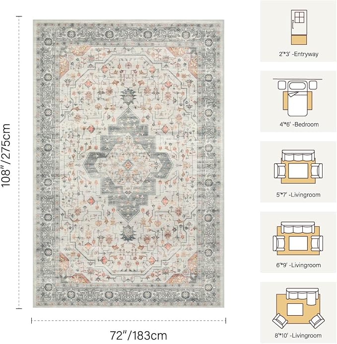 Rugxara 6x9 Tapue Washable Area Rug for Living Room, Vintage Neutral Large Boho Rugs for Office, Dining Room, Kids Room, Farmhouse, Low Pile Non Slip Carpet for High Traffic Areas, Taupe
