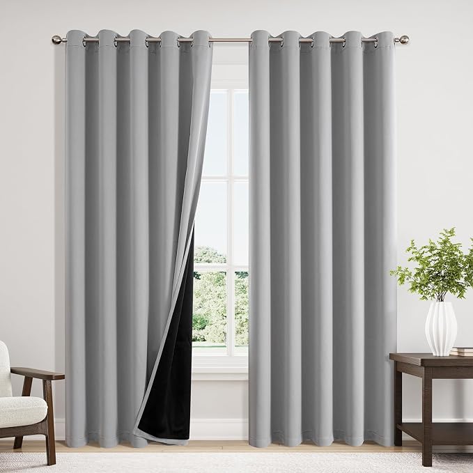 ChrisDowa 100% Blackout Curtains for Bedroom 84 Inches Long 2 Panels Set | 2 Thick Layers, Thermal Insulated, Grommet, Window Treatment, Living Room Drapes with Black Liner, Light Grey, 60 x 84 Inch