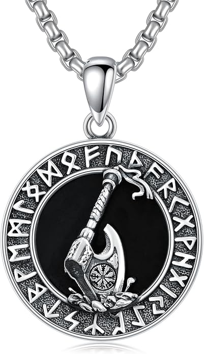 Viking Necklace for Men S925 Sterling Silver Odin/Troll Cross/Compass/Raven/Valknut/Axe Rune Amulet Necklace Norse Jewelry for Christmas Birthday