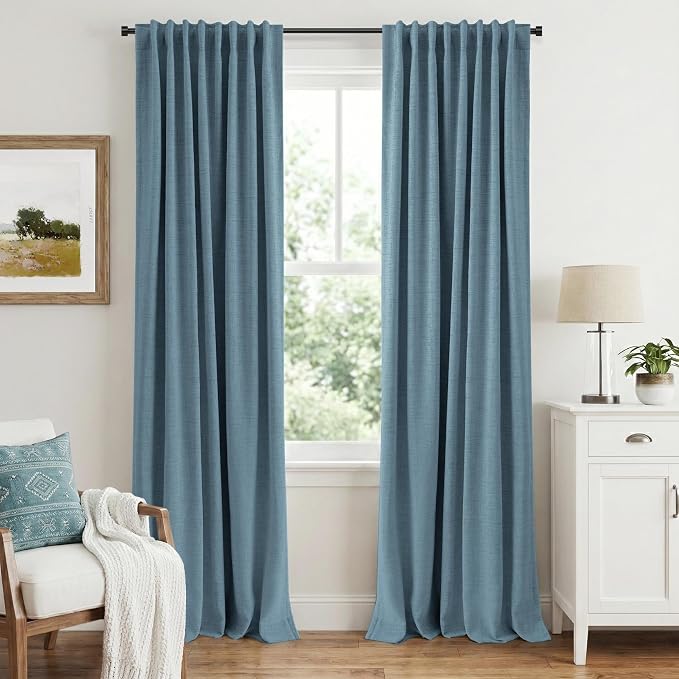 INOVADAY 100% Blackout Curtains 90 Inches Length 2 Panels Set, Back Tab/Rod Pocket Linen Black Out Curtains for Bedroom, Thermal Insulated Window Drapes - Slate Blue, W50 X L90