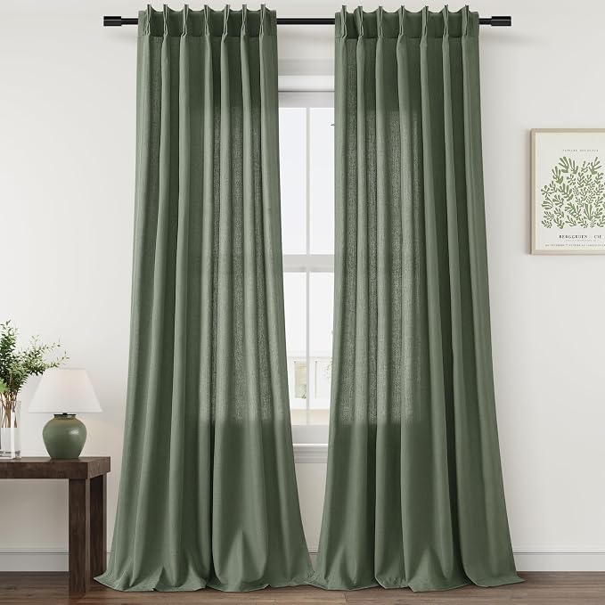 Green Pinch Pleated Curtains 108 Inches Long 2 Panels for Living Room Dining Privacy Light Filtering Extra Long Olive Pleated Linen Drapes with Hooks Back Tab Ceiling Floor for Bedroom Window 9Ft