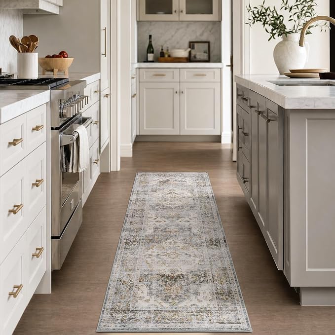 AMOAMI-2X6 Runner Rug-Washable Runners for Hallways-Soft Non Slip Bedside Rugs for Bedroom-Vintage Long Rug for Hallways Entryway Laundry Room Stair Kitchen Bathroom Grey