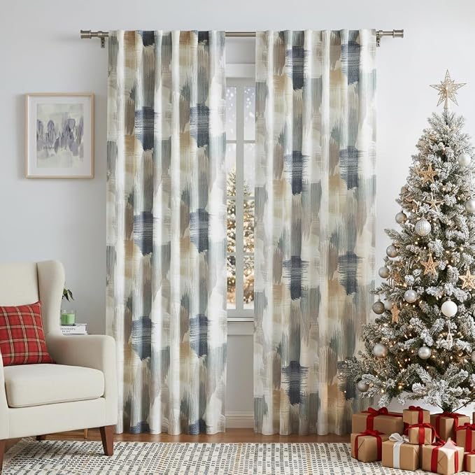 Kayne Studio Blue Tan Boho Semi Sheer Curtains for Living Room Watercolor Abstract Pattern Light Filtering Drapes, 84 Inches Long Colorful Window Panels,Backtab Rod Pocket,52W x 84L Brown,2 Panels