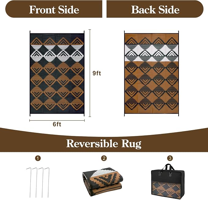 Beeiva RV Outdoor Rug 6x9 Waterproof for Camping, Reversible Plastic Straw Rug for Camper, Porch, Balcony, Foldable Outdoor Mat Black Brown