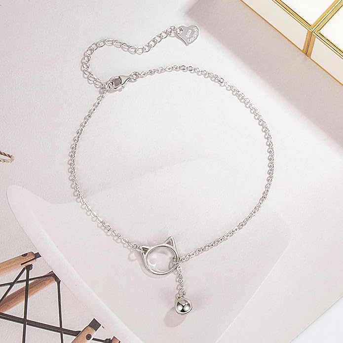Dankadi Women 925 Sterling Silver Anklet Bracelets Cute Cat/Bell Pendant Chain Beach Anklet Bracelet Boho Adjustable Size Anklet Jewelry Gift for her