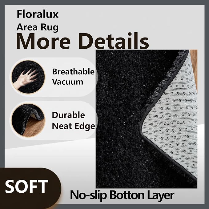 Floralux 9x12 Area Rug for Bedroom, Black, Large Shag Carpets Living Room Rug, Ultra Soft Shaggy Fluffy Carpet for Playroom, Plush Modern Floor Rug for Kids Room