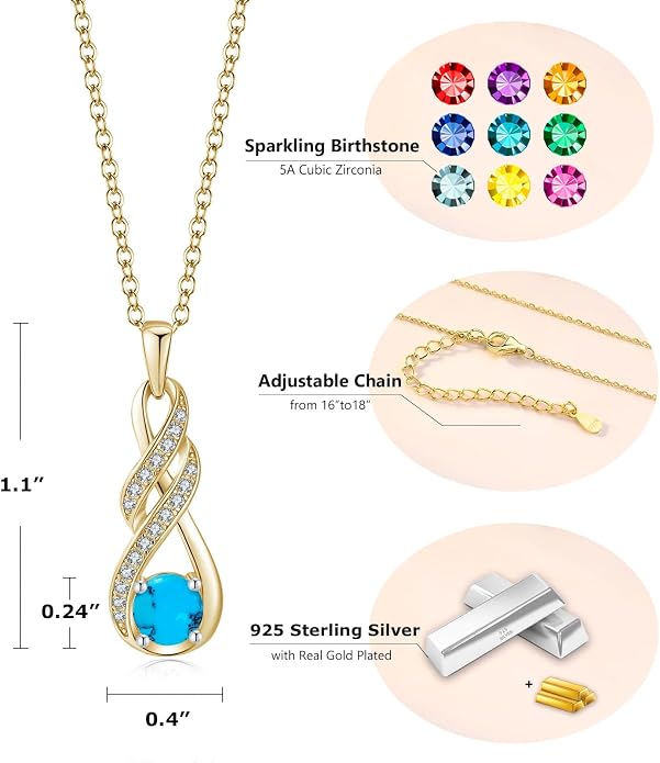 Birthstone Necklaces for Women 925 Sterling Silver Infinity Pendant Created Gemstone Jewelry for Her, 16"+2"