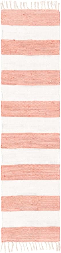 Unique Loom Chindi Rag Collection Area Rug - Striped (2' 2" x 8' Runner, Coral and Ivory)
