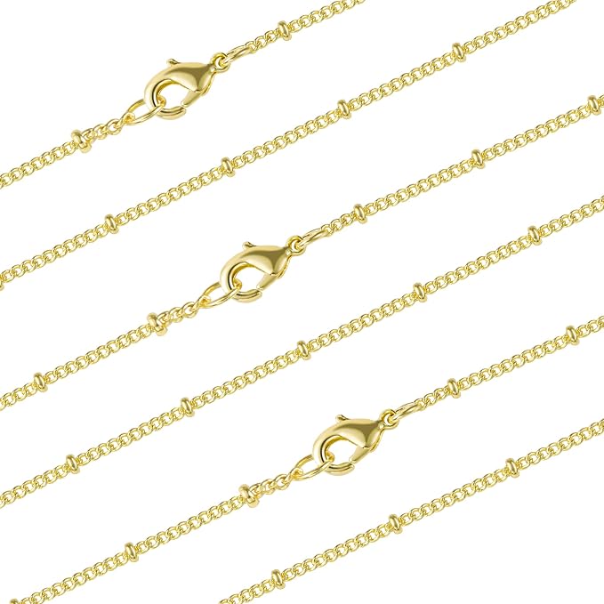 ALEXCRAFT Wholesale 12PCS Gold Plated Solid Brass Satellite Beaded Curb Thin Chain Necklace Bulk for Jewelry Making (18 Inch(1.5mm))