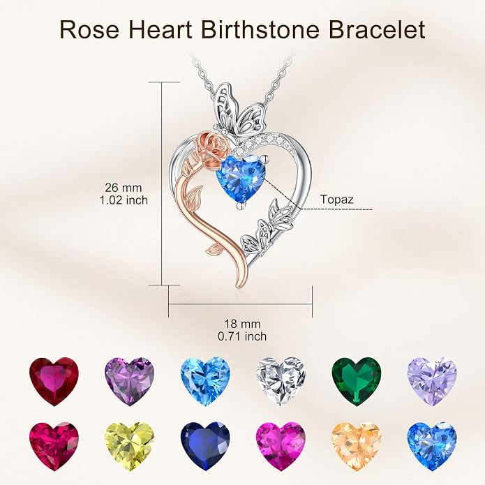 TOUPOP Rose Heart Birthstone Necklace 925 Sterling Silver Heart Butterfly Pendant Love Jewelry Birthday Gifts for Women Wife Mom Her