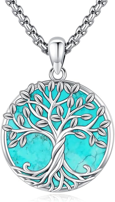 Tree of Life Necklace for Women Sterling Silver Celtic Moon Tree Moonstone Turquoise Pendant Heart Family Tree Necklace for Mother Daughter Sister Gifts