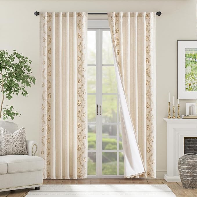 jinchan Floral Lined Linen Curtains 84 Inch Back Tab 2 Panels Beige | Embroidered curtains,privacy lining,boho curtains,light filtering,living room,bedroom,flower patterned,window treatment