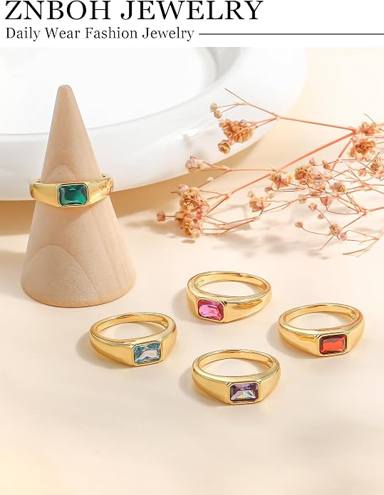 Birthstone Gold Rings for Women Non Tarnish 14K Gold Plated Chunky Emerald Rings Thumb Signet Statement Dainty CZ Band Ring Unique Waterproof Cute Jewelry Gift for Birthday Size 6-10