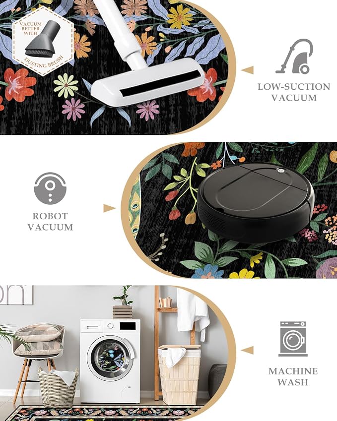 Small Vibrant Black Entryway Rug 2x3 - Front Door Rug Indoor Entrance, Small Carpet for Kitchen Floor, Bathroom, Powder Room, Washable Low Pile Non Slip, Floral Print Home Décor