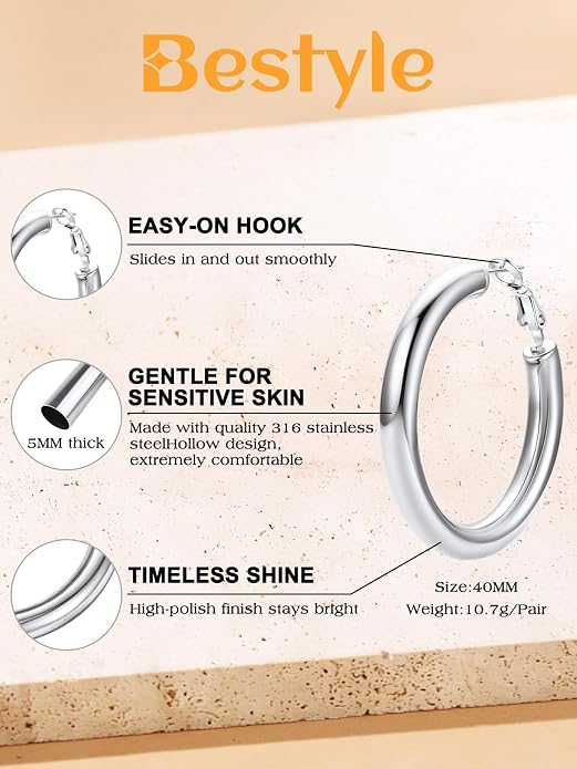 Bestyle 5mm Thick Gold Hoop Earrings Hypoallergenic Hoops for Sensitive Ears Trendy Lightweight Chunky Earrings for Women 30/40/60/80mm