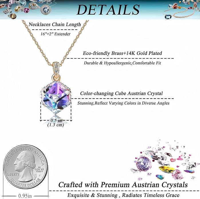 EVEVIC Color Changing Cubic Austrian Crystal Pendant Necklaces for Women 14K Gold Plated Hypoallergenic Jewelry