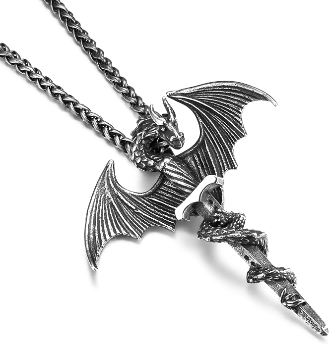 GTHIC Stainless Steel Nordic Viking Dragon Pendant Necklace Vintage Sword Jewelry With Chain