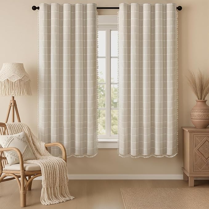 Boho Blackout White Plaid Curtains 63 Inch Beige Linen Blend Drapes with Tassels 2 Panels, Cotton Embroidered Farmhouse Curtains for Living Room Bedroom Rustic Vintage Decor
