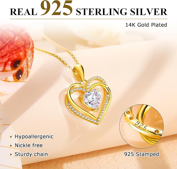 Anniversary Charm Necklace, Sterling Silver 14K Gold Plated Chain with Interlocking Heart Pendant Elegant Birthstone Necklaces for Women, Length 18"