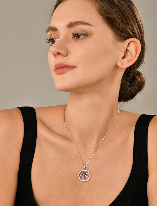 YL Tree of Life Necklace Sterling Silver Tree Pendant Created Amethyst Round Halo Jewelry for Women
