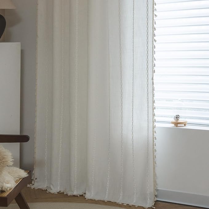 ColorBird White Boho Curtains Linen-Textured for Living Room Bedroom Embroidered Striped Light Filtering 63 Inch Farmhouse Whimsical Curtains & Drapes Window Treatment for Dining Closet