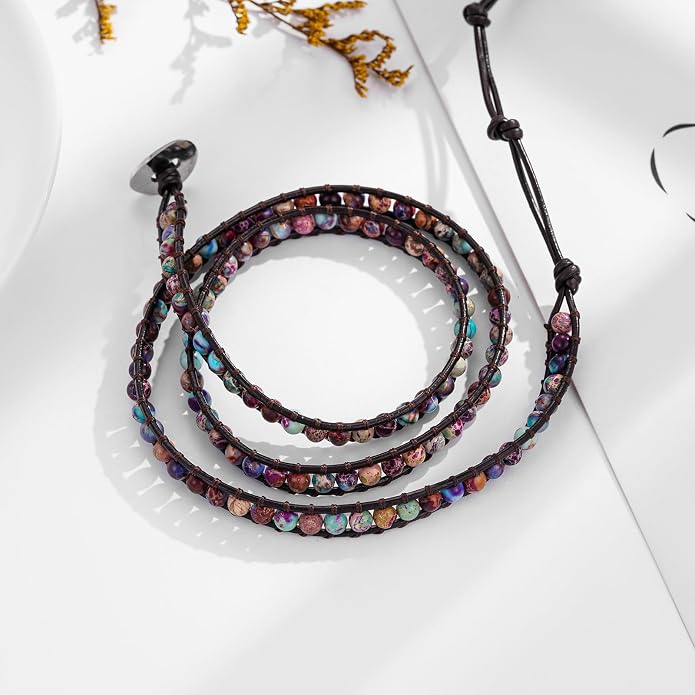 Plumiss Women Boho Handmade Natural Stone Crystal Leather Bead Wrap Bracelets Collection