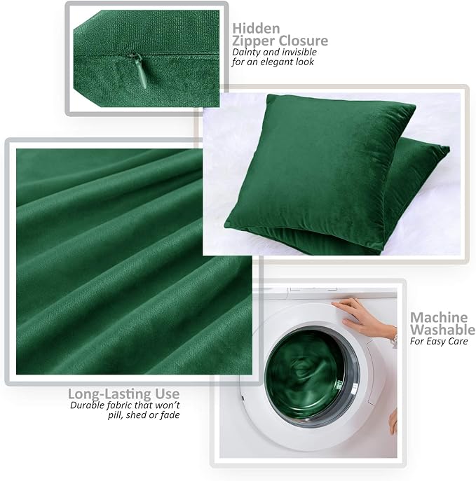 Nestl Throw Pillow Covers, Cozy Velvet Decorative Green Pillow Covers 18 x 18 Inches, Soft Solid Couch Pillow Covers for Sofa, Bed and Car, Set of 2