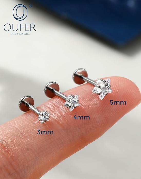 OUFER 18G 6/7/8MM Flat Back Cartilage EarRings-3PCS Gold Titanium Extended Internally Threaded Lip Piercing 2/3/4MM Round Clear CZ Helix Piercing Jewelry