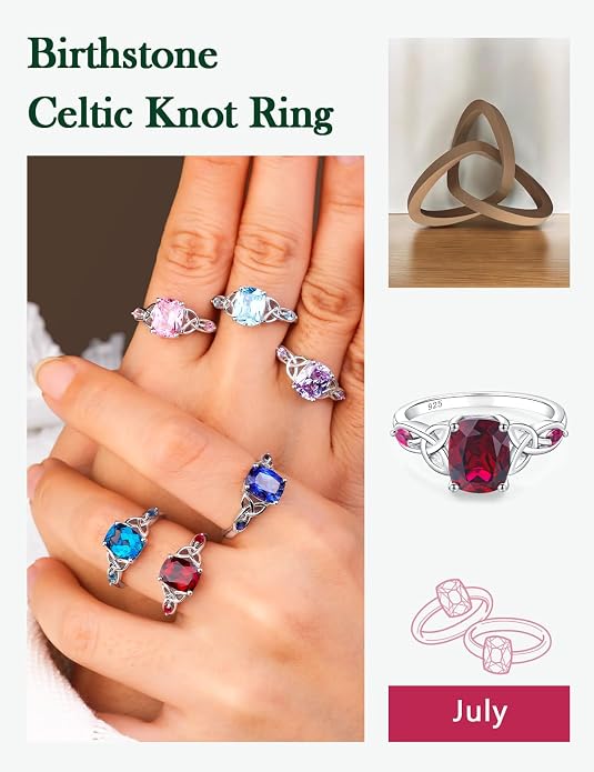 925 Sterling Silver Birthstone Rings for Women Cushion Cut Engagement Celtic Knot Ring Irish Jewelry Created Gemstone Anniversary Rings Size 6-10(with Box)