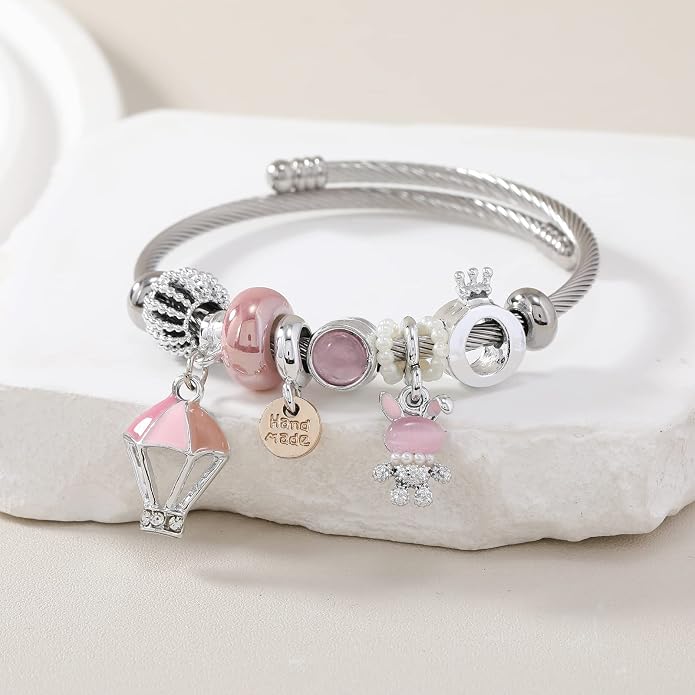 DS Charm Bracelets for girls,exquisite cute cartoon friendship bracelets Silver Stainless Steel Bangle with birthday Gift box, Adjustable girls jewelry Suitable for holiday gifts