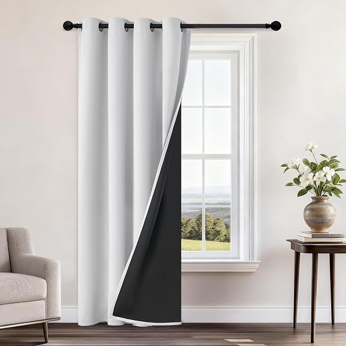 Yakamok Greyish White Blackout Curtains 84 Inches Long 52" Wide, 1 Panel | Blackout Curtain Panels for Bedroom, 2 Thick Layers Grommet Top Thermal Insulated Drapes with Black Liner for Living Room