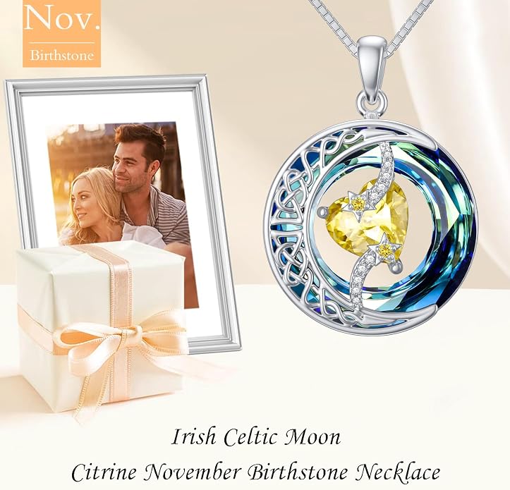 TOUPOP Birthstone Necklace 925 Sterling Silver Moon and Star Pendant Celtic Moon Jewelry with Blue Crystal Anniversary Birthday Gifts for Women Mom Wife Her