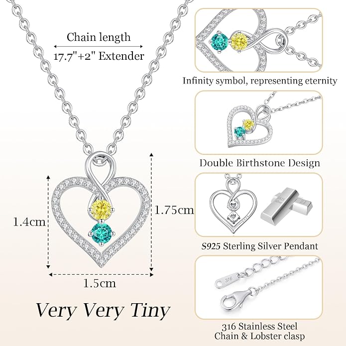 LOUISA SECRET Double Birthstone Necklaces for Women, 925 Sterling Silver Infinity Love Heart Pendant Necklace for Her, Birthday Anniversary Valentine's Day, Christmas, Wedding, Graduation Gift for Her, Personalized Gifts, Jewelry Gifts for Wife Mom Gir...