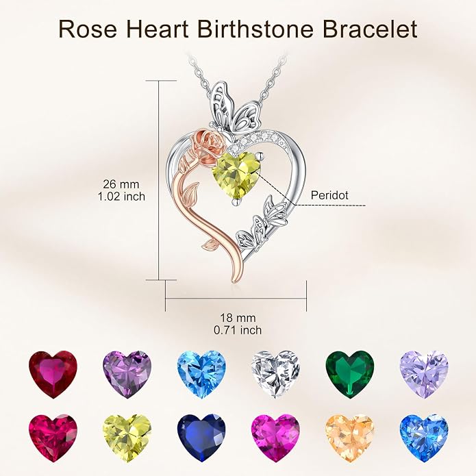 TOUPOP Rose Heart Birthstone Necklace 925 Sterling Silver Heart Butterfly Pendant Love Jewelry Birthday Gifts for Women Wife Mom Her