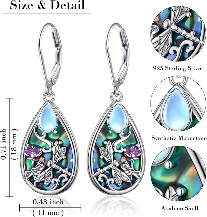 Alphm Dragonfly Filigree Earrings S925 Silver Teardrop Moonstone Abalone | S925 Sterling Silver Dragonfly Filigree Drop Dangle Earrings Leverback Birthday Jewelry Gift for Women Mom Wife