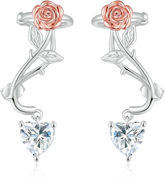 Ear Climbers Earrings for Women Sterling Silver Rose Flower Ear Crawler Earrings Rose Wedding Jewelry for Bride Bridesmaid Mother