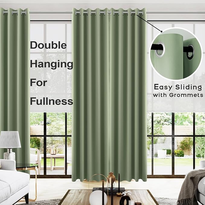 KOUFALL 96 Inch Long Curtains 2 Panel Set,Blackout Extra Wide Thermal Grommet Blacked Out Curtains for Bedroom,72 Inch Wide x 96 Inch Length,Sage Green