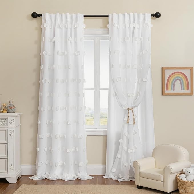 MYSKY HOME White Curtains for Living Room 84 Inches Long Double Layer Nursery Curtain for Kids Bedroom White Pom Pom Sheer Back Tab Light Filtering Privacy Protect Window Drapes 2 Sets, 52 x 84 in