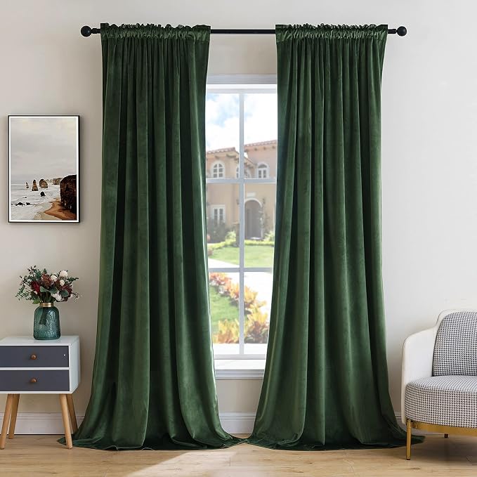 MIULEE Olive Green Blackout Velvet Curtains Drapes 84 Inch Long 52"x84" | Luxurious Bedroom Living Room Decor, Room Darkening, Thermal Insulated, Rod Pocket Design, Super Soft Fabric
