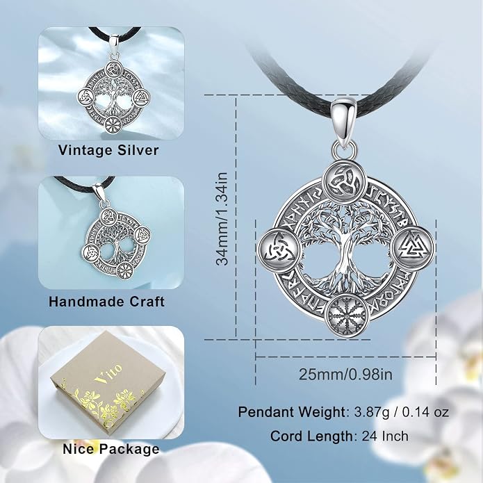 Vito 925 Sterling Silver Viking Necklace for Women Men, Viking Dragon/Wolf/Horse/Tree of Life Pendant Norse Amulet Nordic Jewelry for Men