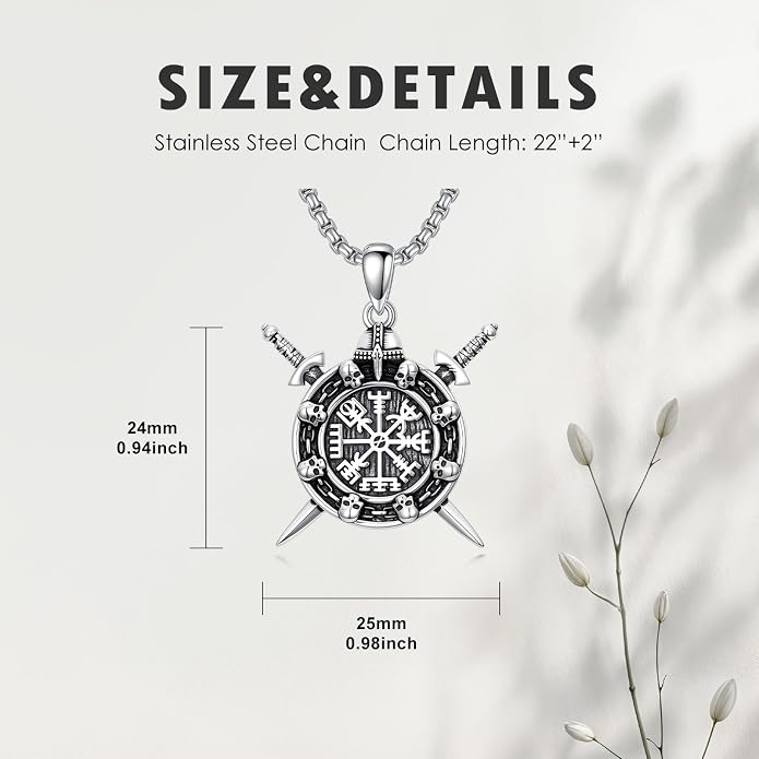 PROESS Viking Axe/Sword/Skull Necklace S925 Sterling Silver Thors Hammer Necklace Amulet Dagger Pendant Norse Viking Rune Jewelry Gifts for Men Women
