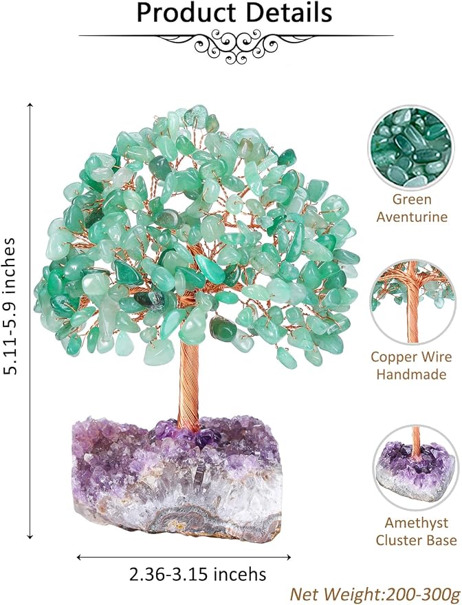 Jovivi Natural Green Aventurine Healing Crystal Money Tree on Amethyst Cluster Geode Druzy Base Feng Shui Crystals for Home Office Desk Decorations, Wealth, Good Luck