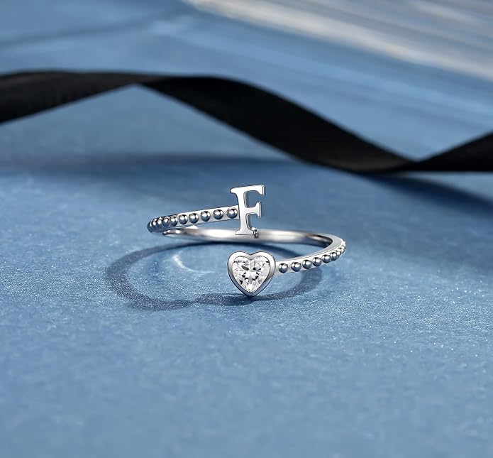 Step Forward 925 Sterling Silver Adjustable Initial Ring for Women | Non Tarnish Letter Rings for Lady | Alphabet Heart Thumb Rings | Capital Letter Jewelry Gifts