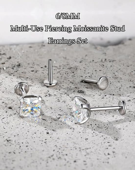 3Pairs Moissanite Earrings G23 Implant Grade Titanium Earrings for women Men, Flat Back Earrings Hypoallergenic Internal Thread Tragus lip nose Piercing Jewelry 18G 6/8MM Post with tool Round/Princess Cut Certified 3-5MM