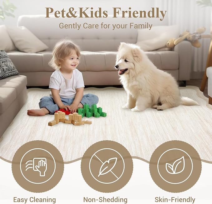 Garvee Scalloped 9x12 Area Rugs for Living Room Large Washable Rugs,Neutral Solid Rug Stain Resistant Non Slip Floor Mat Carpet Indoor Accent Rug for Bedroom Dining Room Playroom Home Decor,Cream | Girls Rug for Bedroom, Non-Slip Soft Carpet for Bedroo...