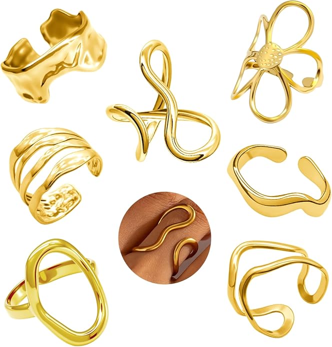 Gold Chunky Rings for Women Asymmetrical Wavy Curve Thumb Ring Irregular Thick Open Statement Rings Adjustable Stainless Steel Flower Finger Rings Non Tarnish