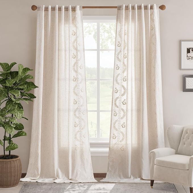 jinchan Floral Linen Curtains 108 Inch Farmhouse Back Tab 2 Panels Ivory | Embroidered curtains,boho curtains,living room,bedroom,light filtering,privacy,flower patterned drapes,window treatment