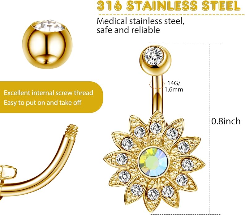 Yaomiao 18 Pcs 14G Stainless Steel Belly Button Ring Rhinestone Heart Dangle Belly Button Rings for Women